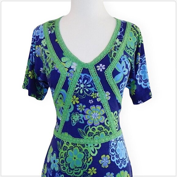 KOTON Blue and Green Floral Lace Trim Kimono Sleeve Tie Back Summer Dress UK S - Picture 2 of 4